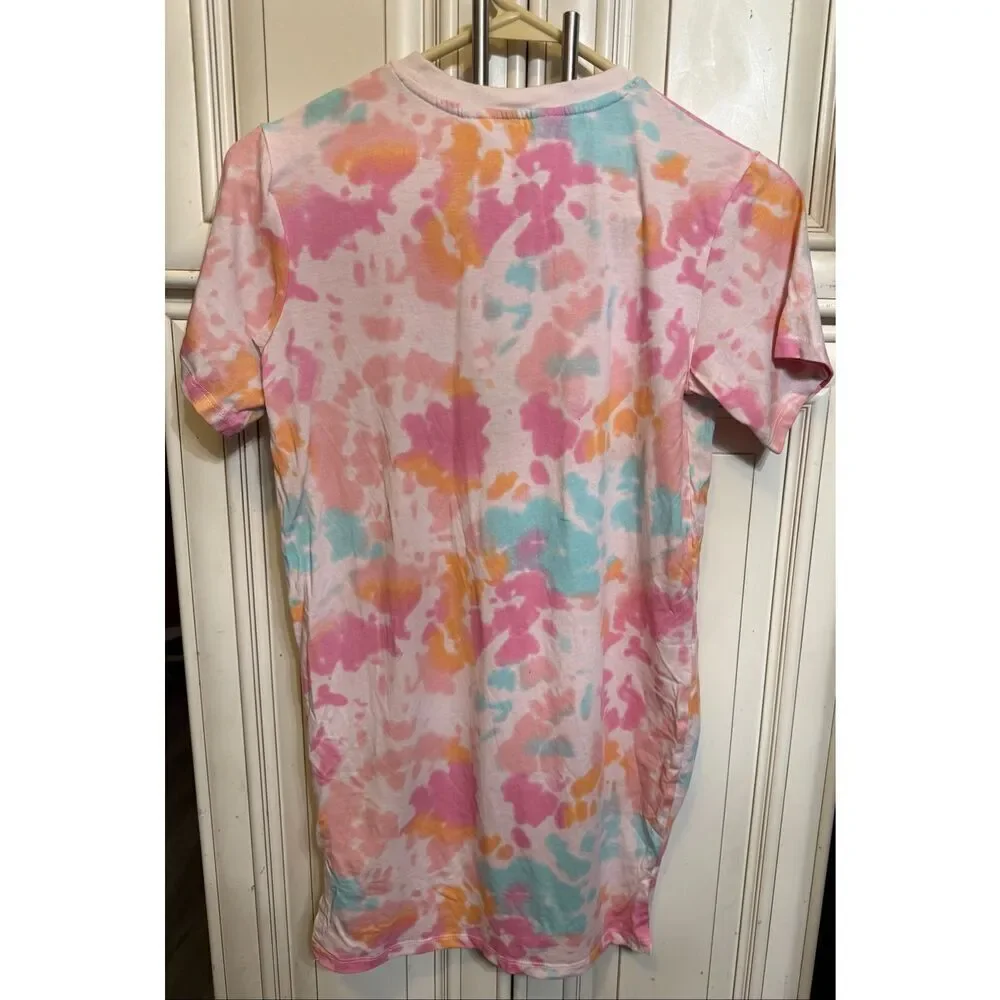H&M Kids Crew Neck Tie Dye Venice Print T-shirt Dress Pink Multi Size 6-8Y NWOT